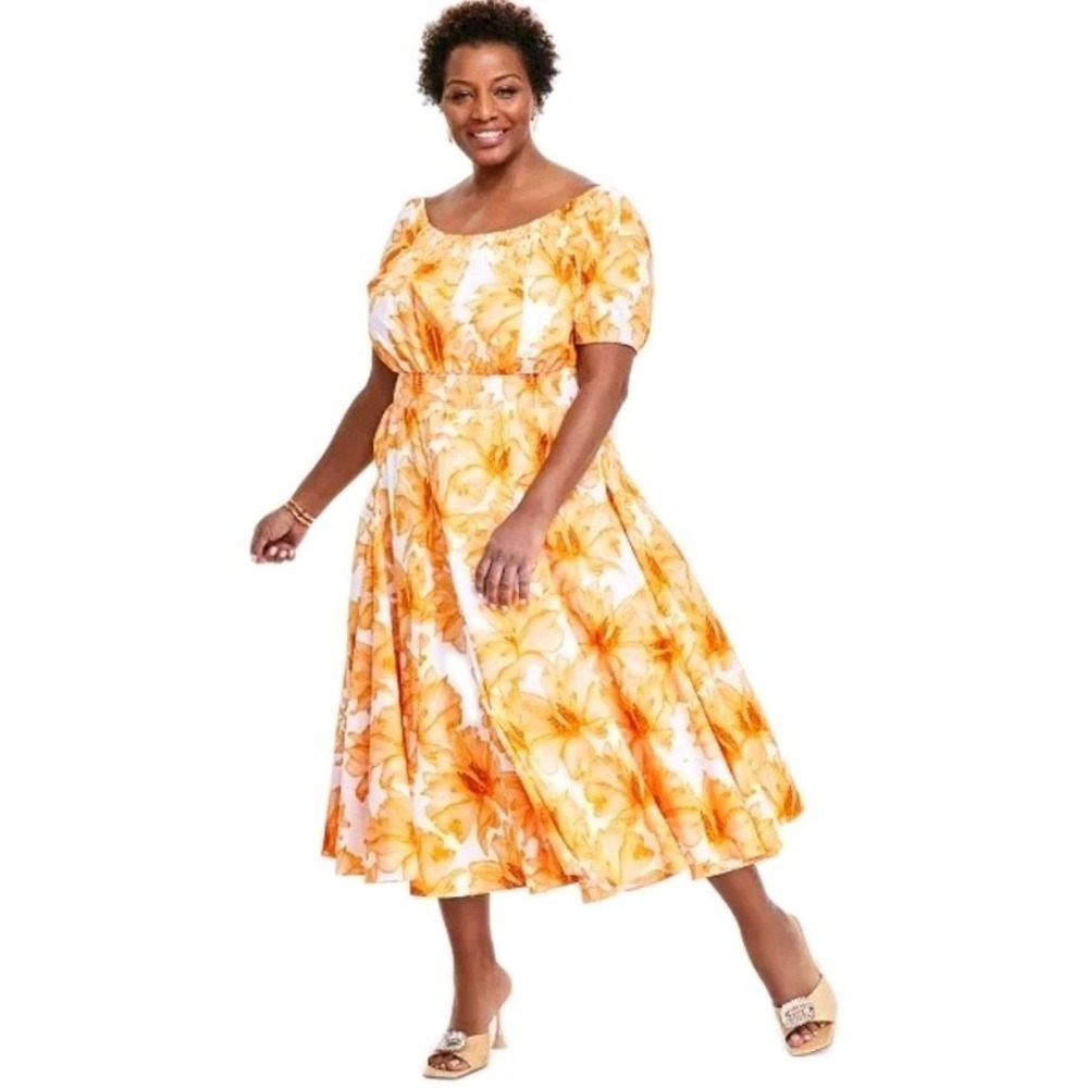 INC International Women's Orange Floral Smocked Cotton Midi Dress Size XL - Picture 1 of 10